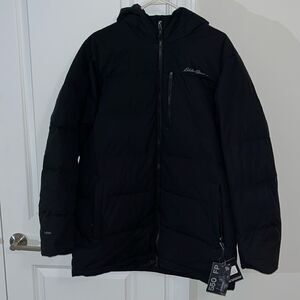 New $275 Eddie Bauer EB550 Mens Black Down Filled hooded parka coat Jacket L